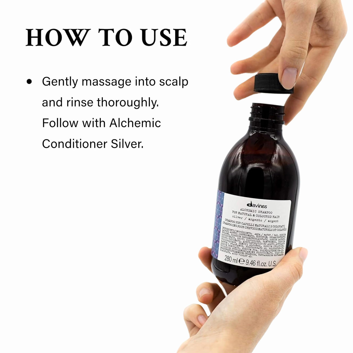 Davines Alchemic Shampoo Silver applied in hand demonstrating easy lather and toning benefit