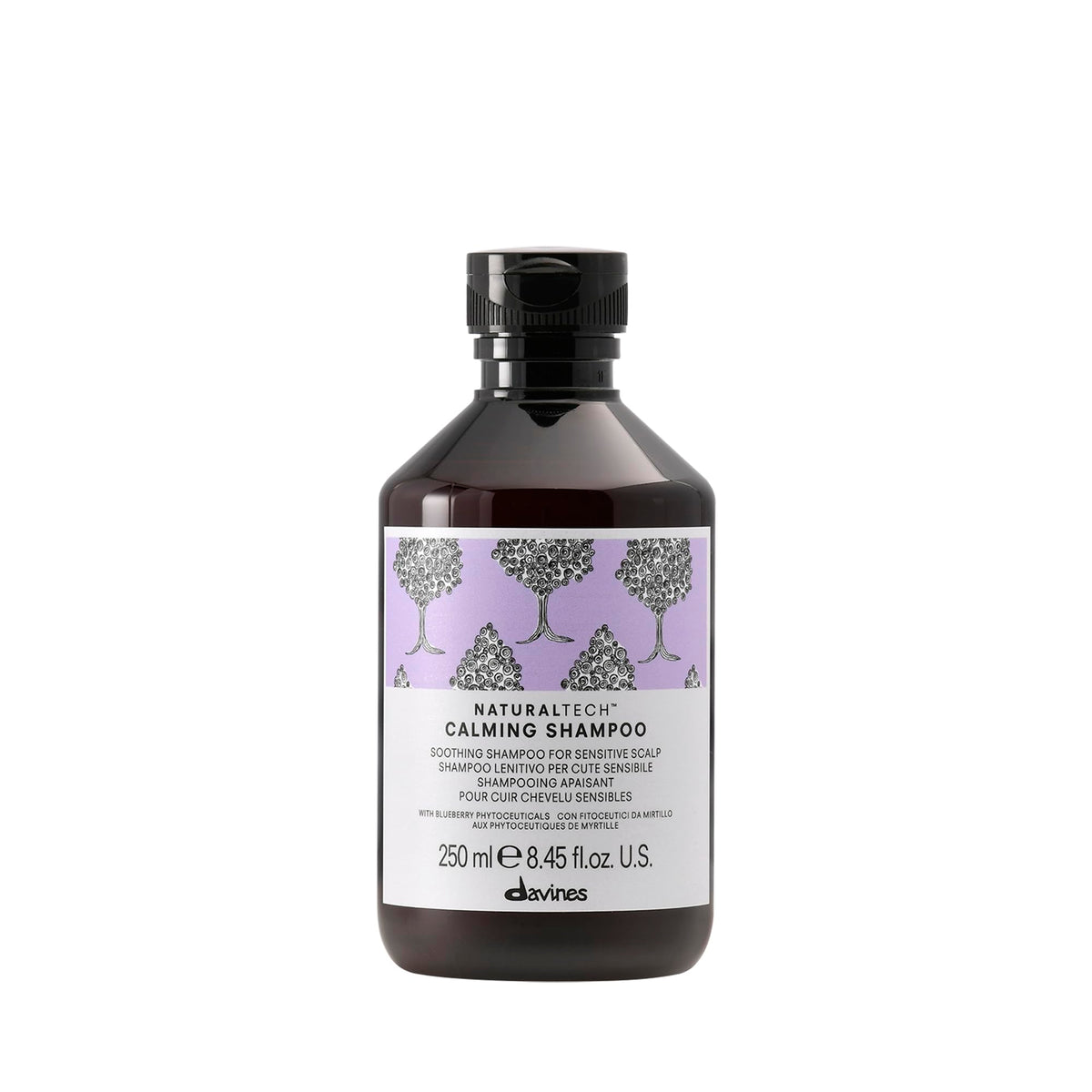 Davines bottle front view showing calming shampoo, clear label and benefit