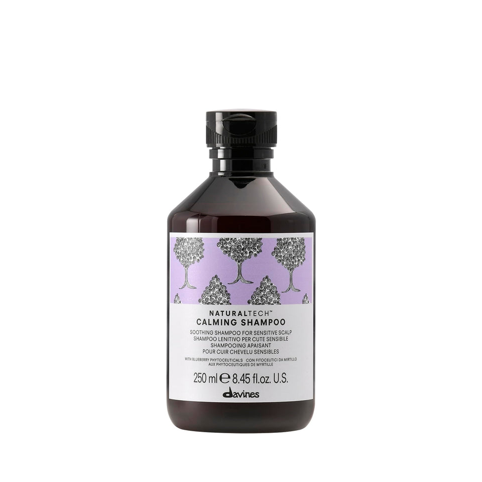 Davines bottle front view showing calming shampoo, clear label and benefit