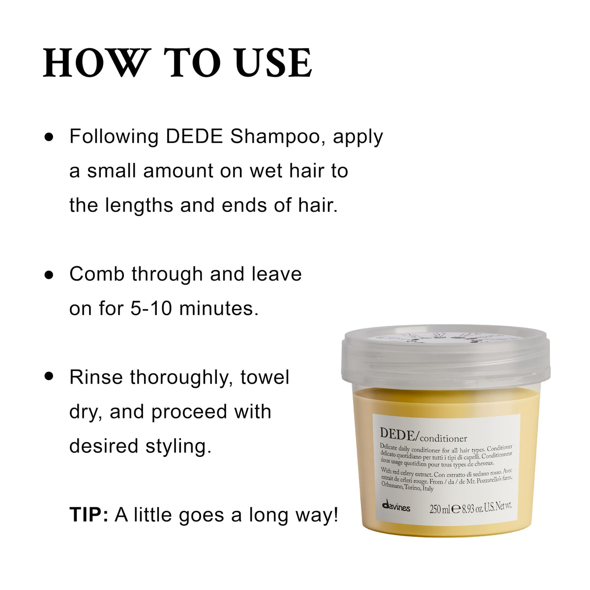 Davines DEDE conditioner held in hand showing size and travel-friendly benefit