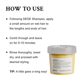 Davines DEDE conditioner held in hand showing size and travel-friendly benefit