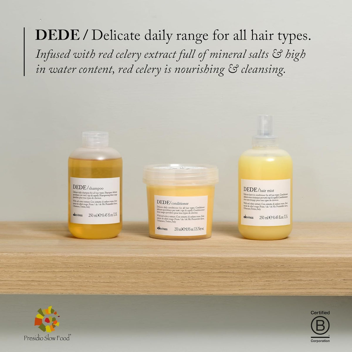 Davines DEDE shampoo bottle staged in bathroom for lifestyle appeal