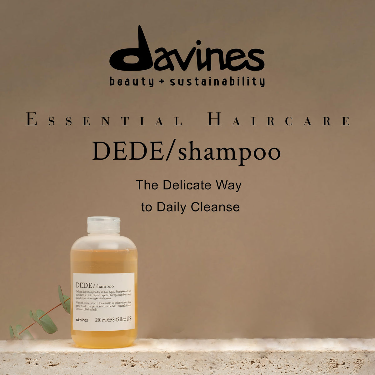 Davines DEDE closeup of pump and label highlighting product details