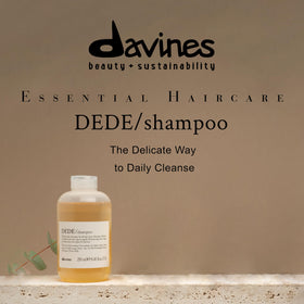 Davines DEDE closeup of pump and label highlighting product details