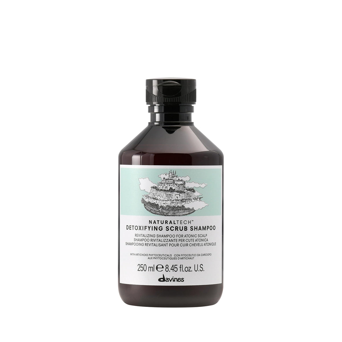 Davines detoxifying scrub shampoo front bottle showing label and clean formulation benefit