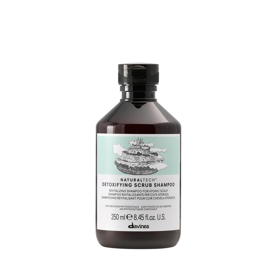 Davines detoxifying scrub shampoo front bottle showing label and clean formulation benefit