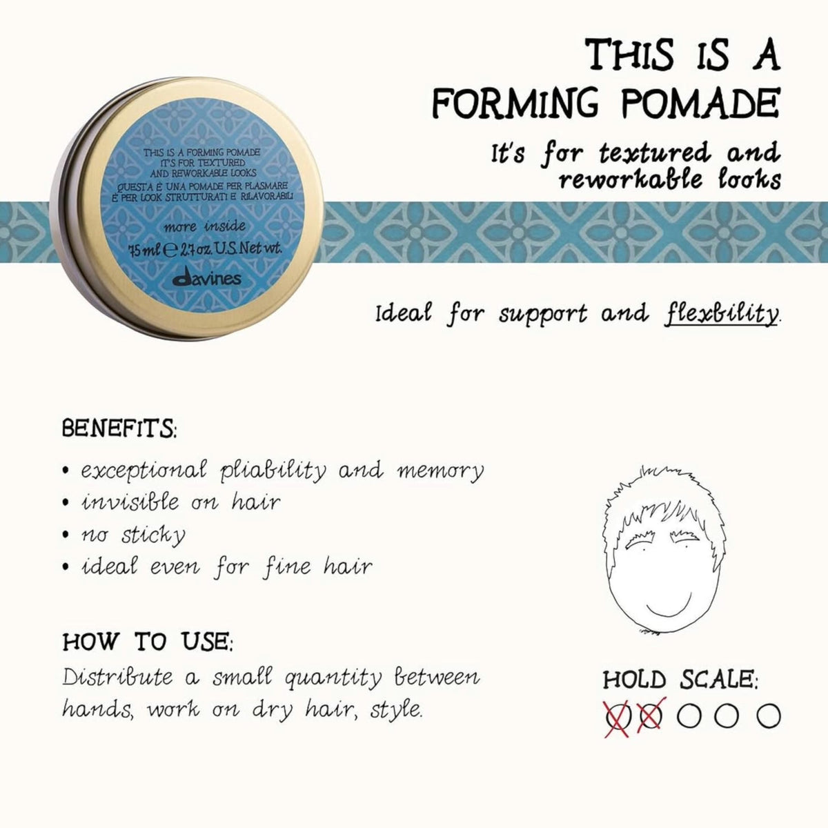 Davines forming pomade being warmed in hand to demonstrate smooth spreadability and control
