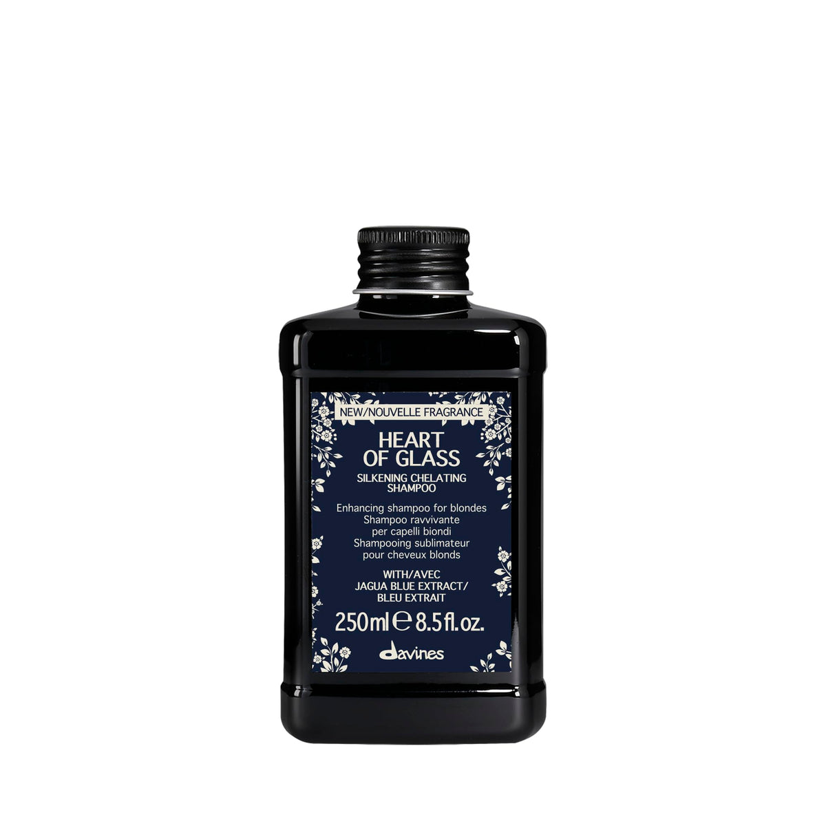 Davines bottle front view showing blue shampoo and elegant label for brightening