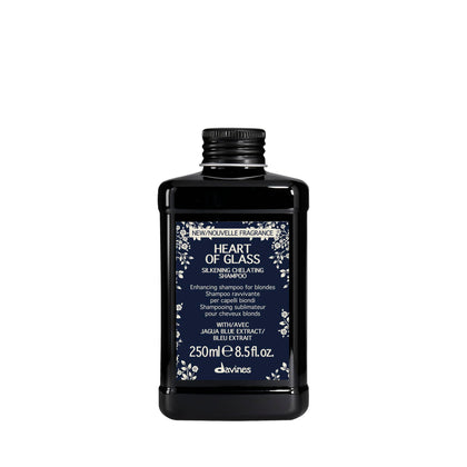 Davines bottle front view showing blue shampoo and elegant label for brightening