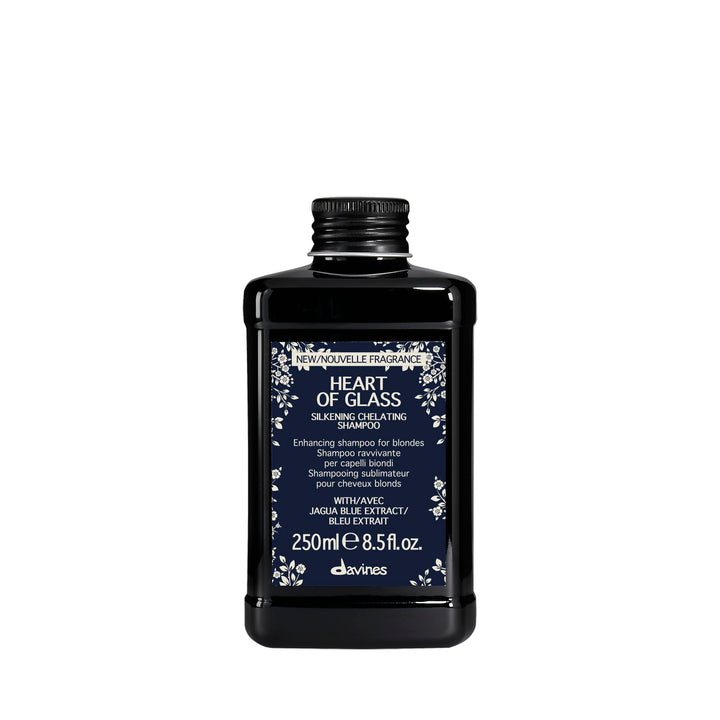 Davines bottle front view showing blue shampoo and elegant label for brightening