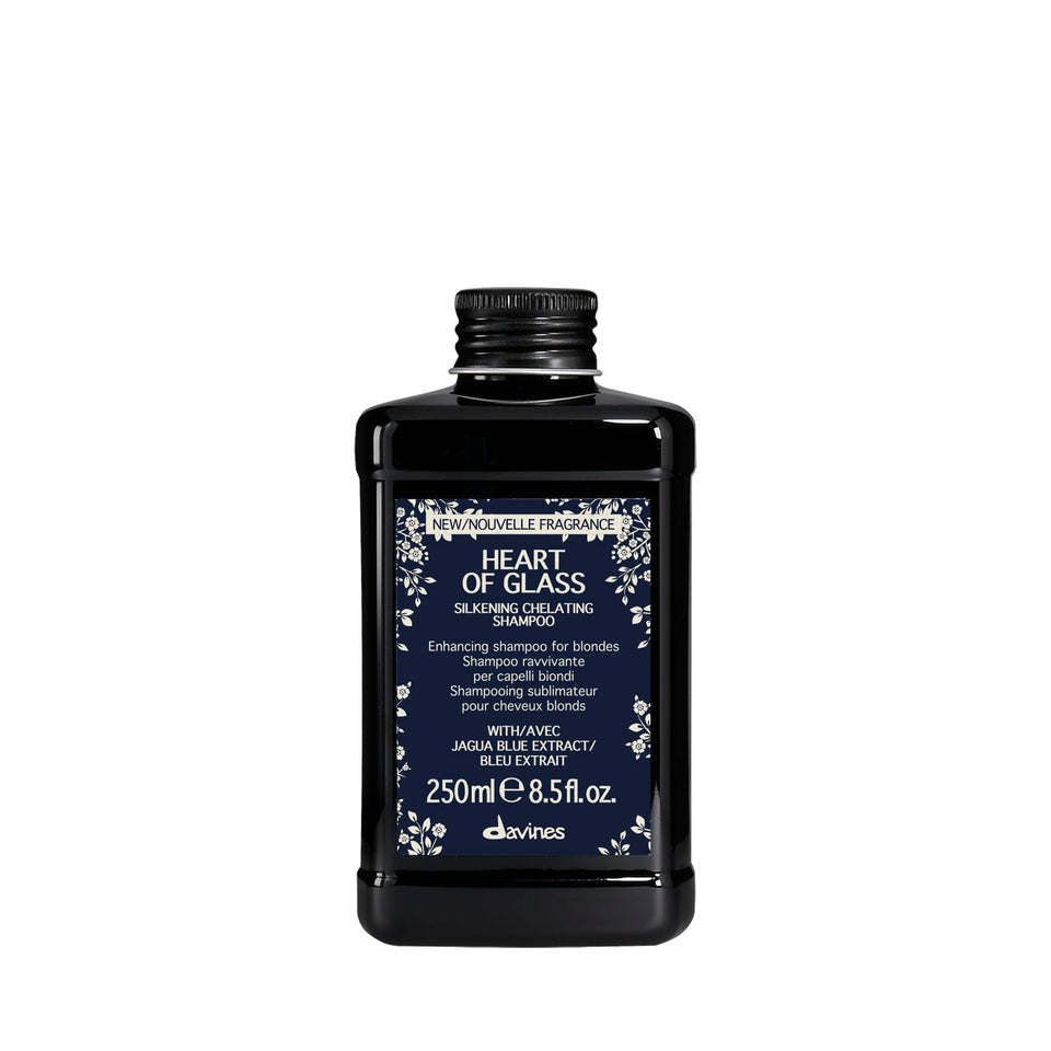 Davines bottle front view showing blue shampoo and elegant label for brightening
