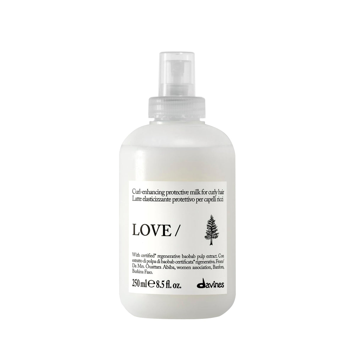 Davines bottle front packaging showing product benefits and size