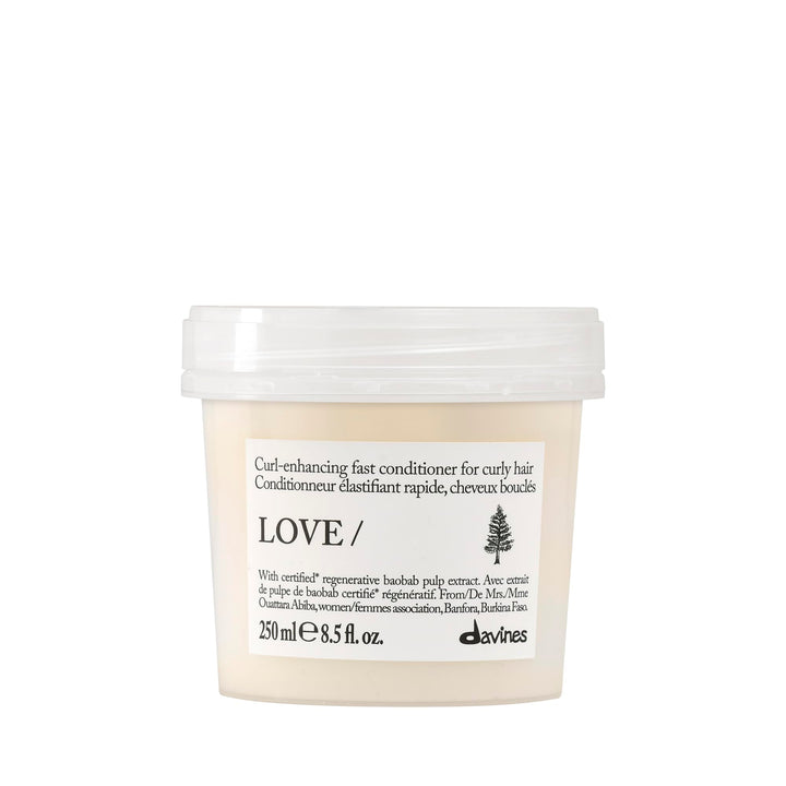 Davines LOVE CURL front packaging showing 8.5 oz bottle and branding benefits