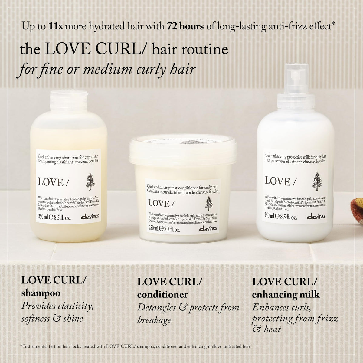 Davines LOVE CURL on model with defined, bouncy curls in a natural setting