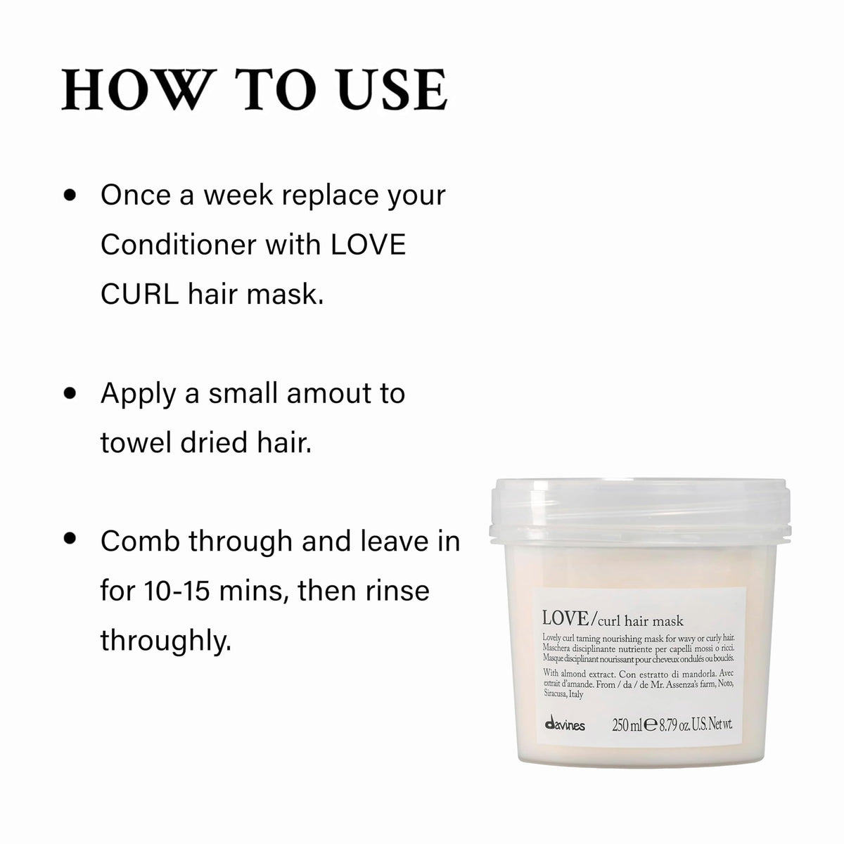 Davines LOVE/curl being applied to damp hair to improve manageability and hydration