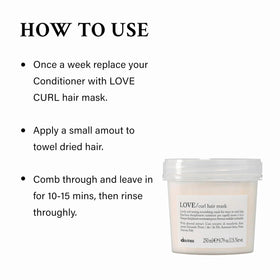 Davines LOVE/curl being applied to damp hair to improve manageability and hydration