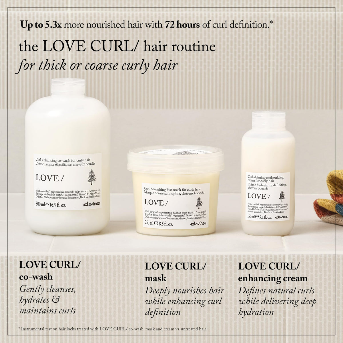 Davines LOVE CURL size comparison next to ruler showing 8.5 oz scale benefit