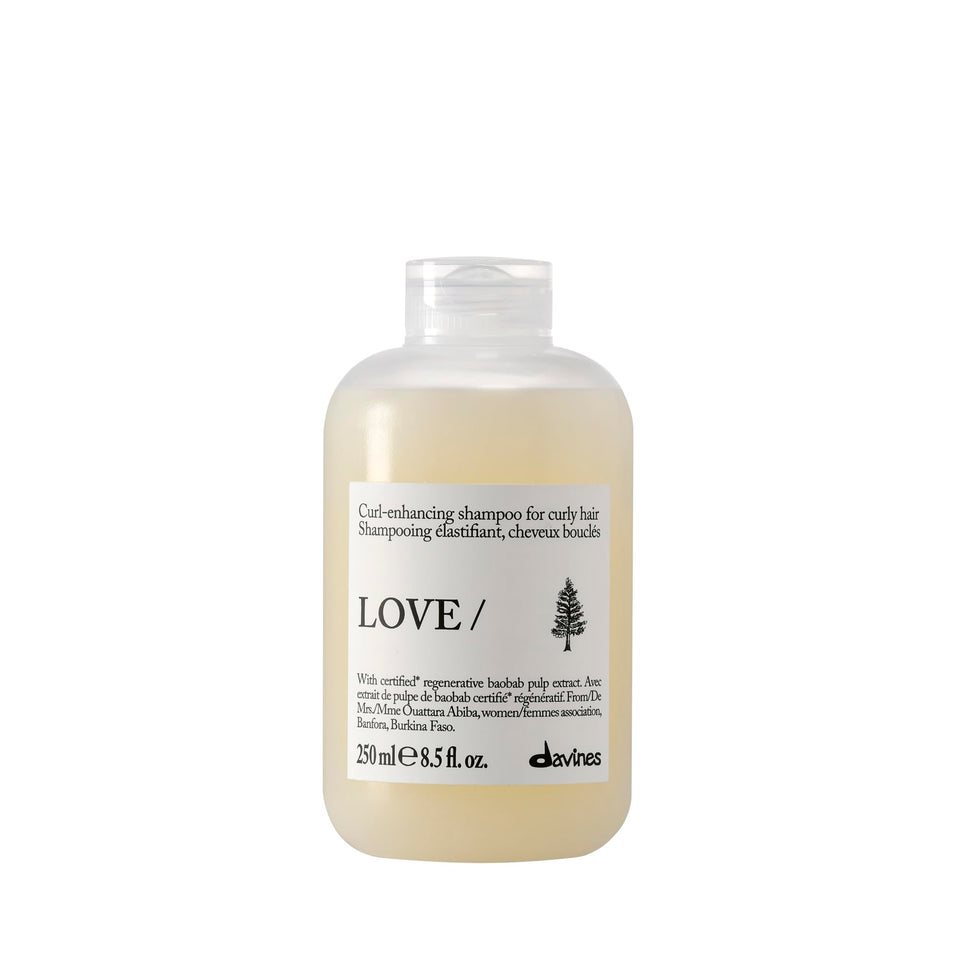 Davines bottle front view showing LOVE CURL/ shampoo for hydrated curls