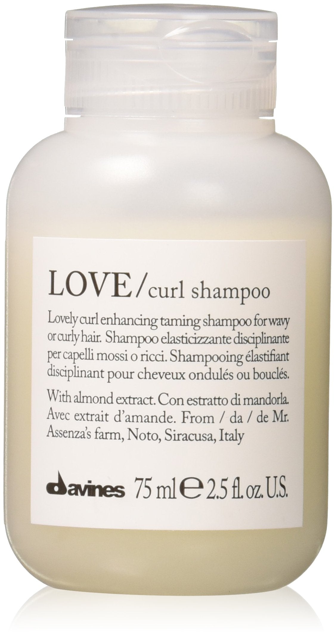 Davines bottle front packaging showing travel-sized shampoo and brand benefits