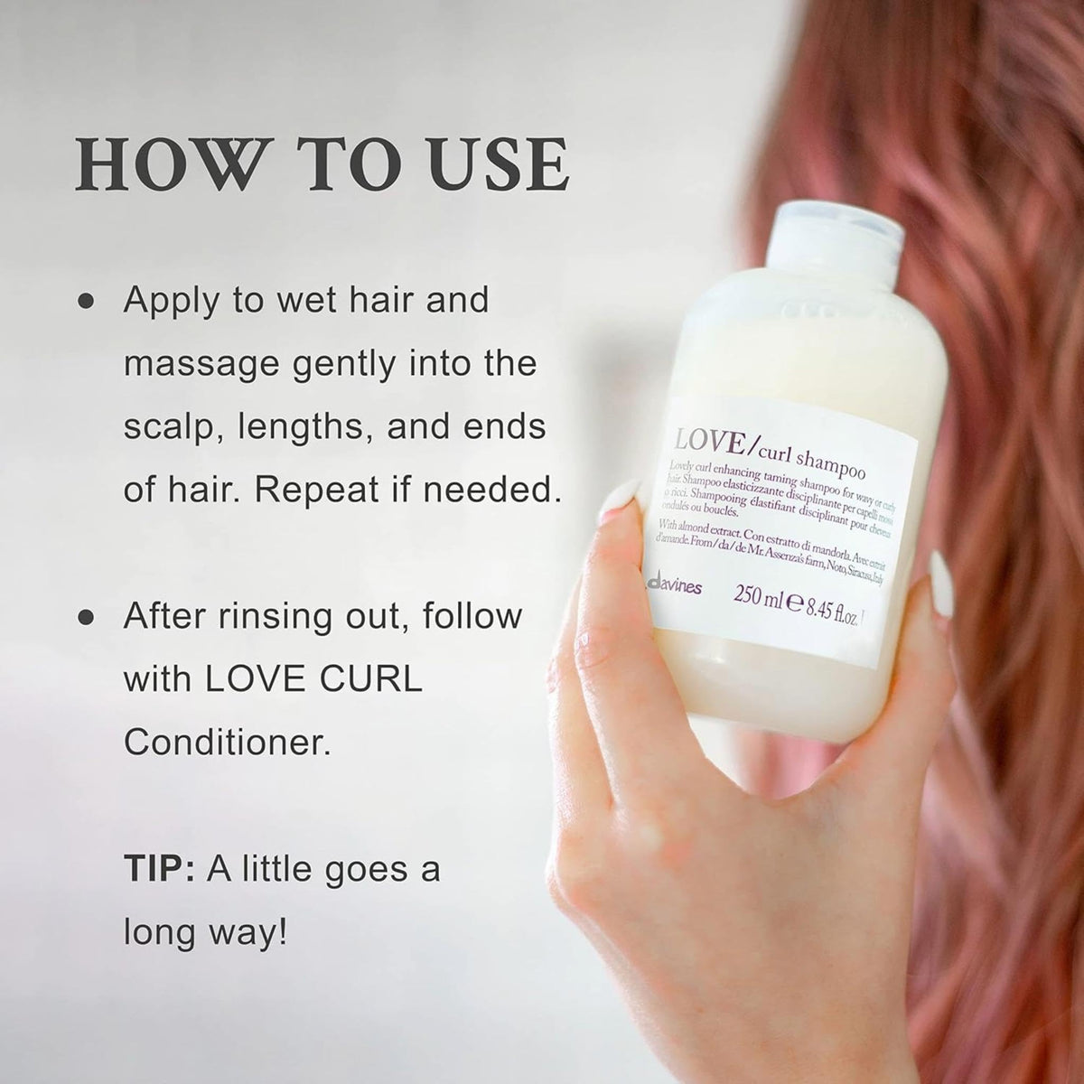 Davines close-up of pump and label highlighting product name and travel convenience