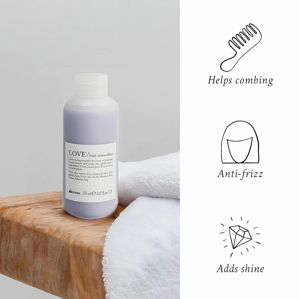 Davines LOVE Hair Smoother applied to damp hair demonstrating easier combing and control