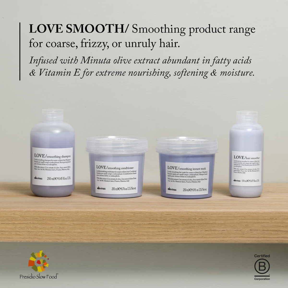 Davines LOVE Hair Smoother on dry hair finish showing smooth shiny frizz-free result
