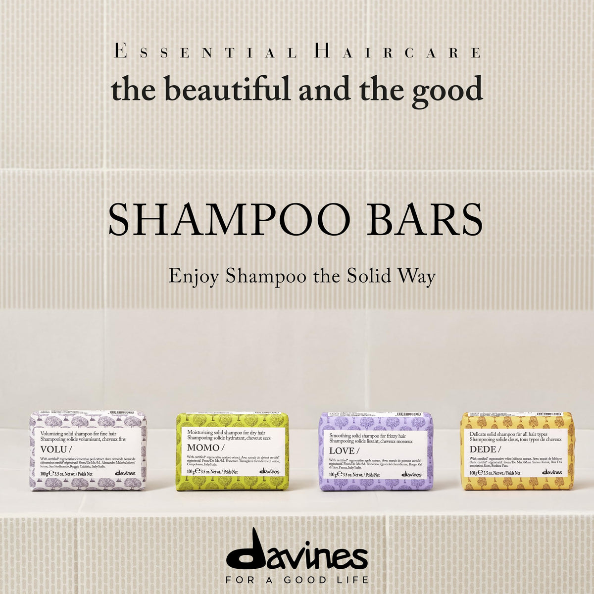 Davines LOVE SMOOTHING bar in hand demonstrating easy grip and travel convenience