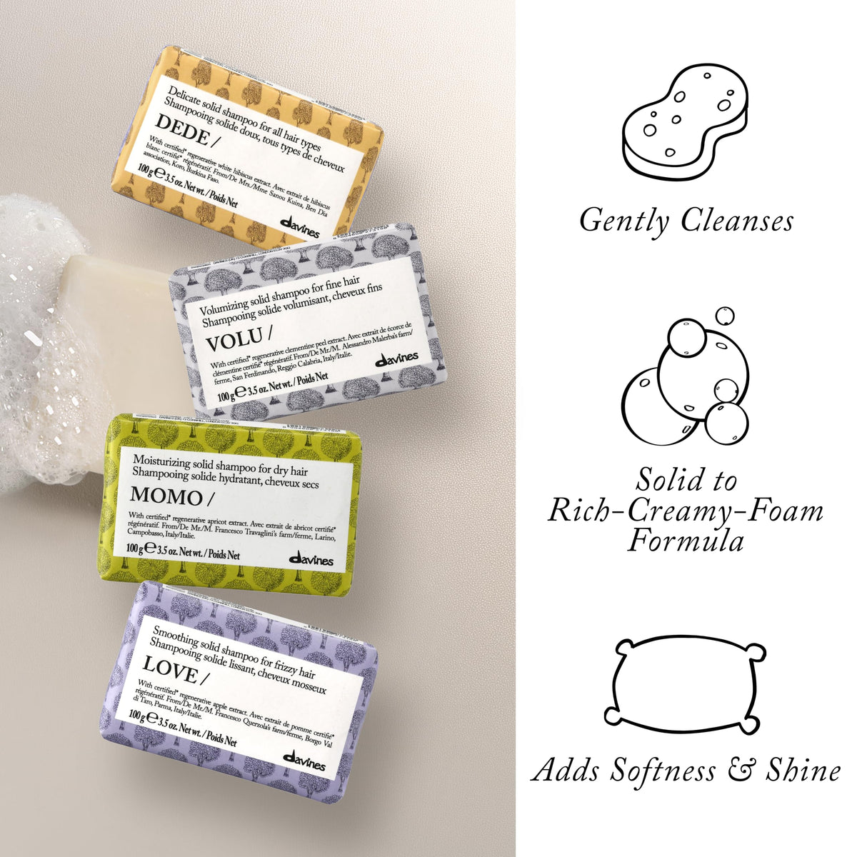 Davines LOVE SMOOTHING rich lather closeup illustrating effective cleansing foam
