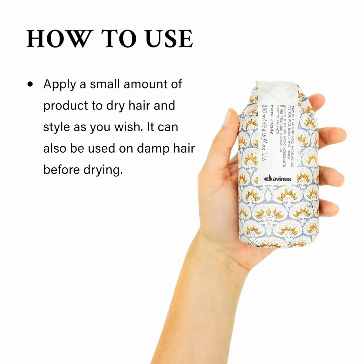 Davines medium hold gel worked into damp curls for enhanced elasticity
