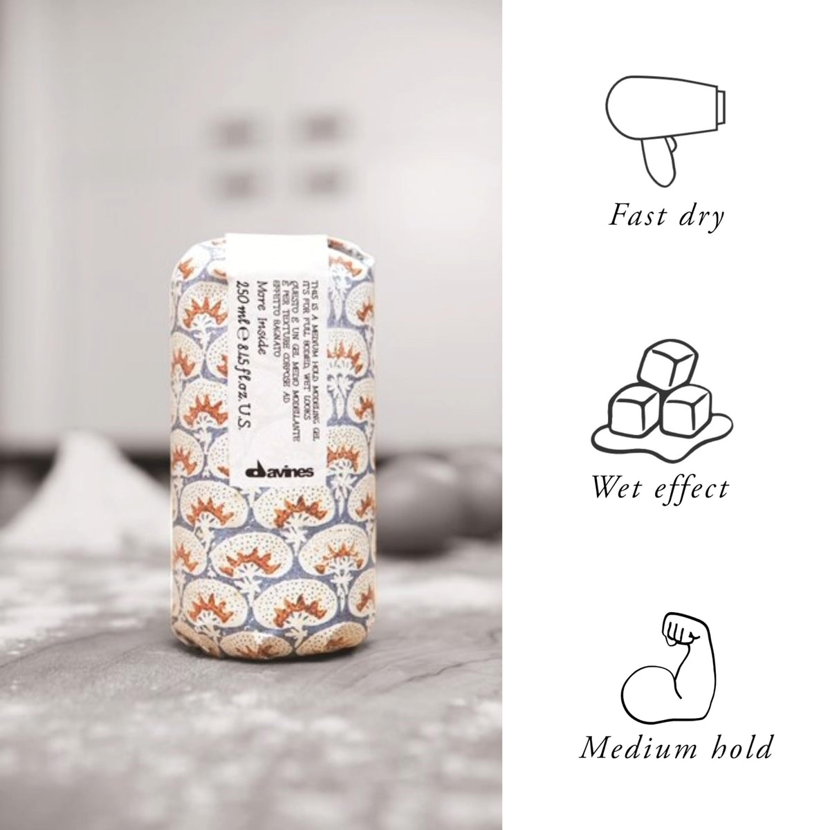 Davines medium hold gel creating glossy wet-look hairstyle without flakes
