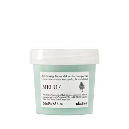 Davines MELU/ conditioner front view showing packaging and benefits