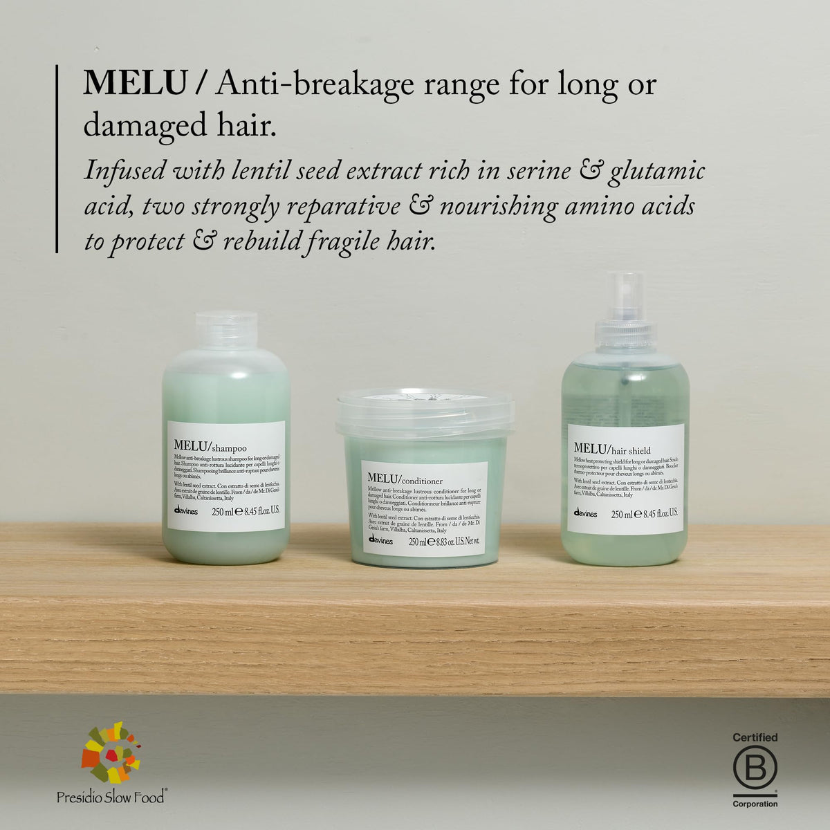 Davines MELU bottle on bathroom shelf suggesting daily routine ease and elegance