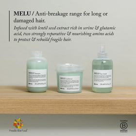Davines MELU bottle on bathroom shelf suggesting daily routine ease and elegance