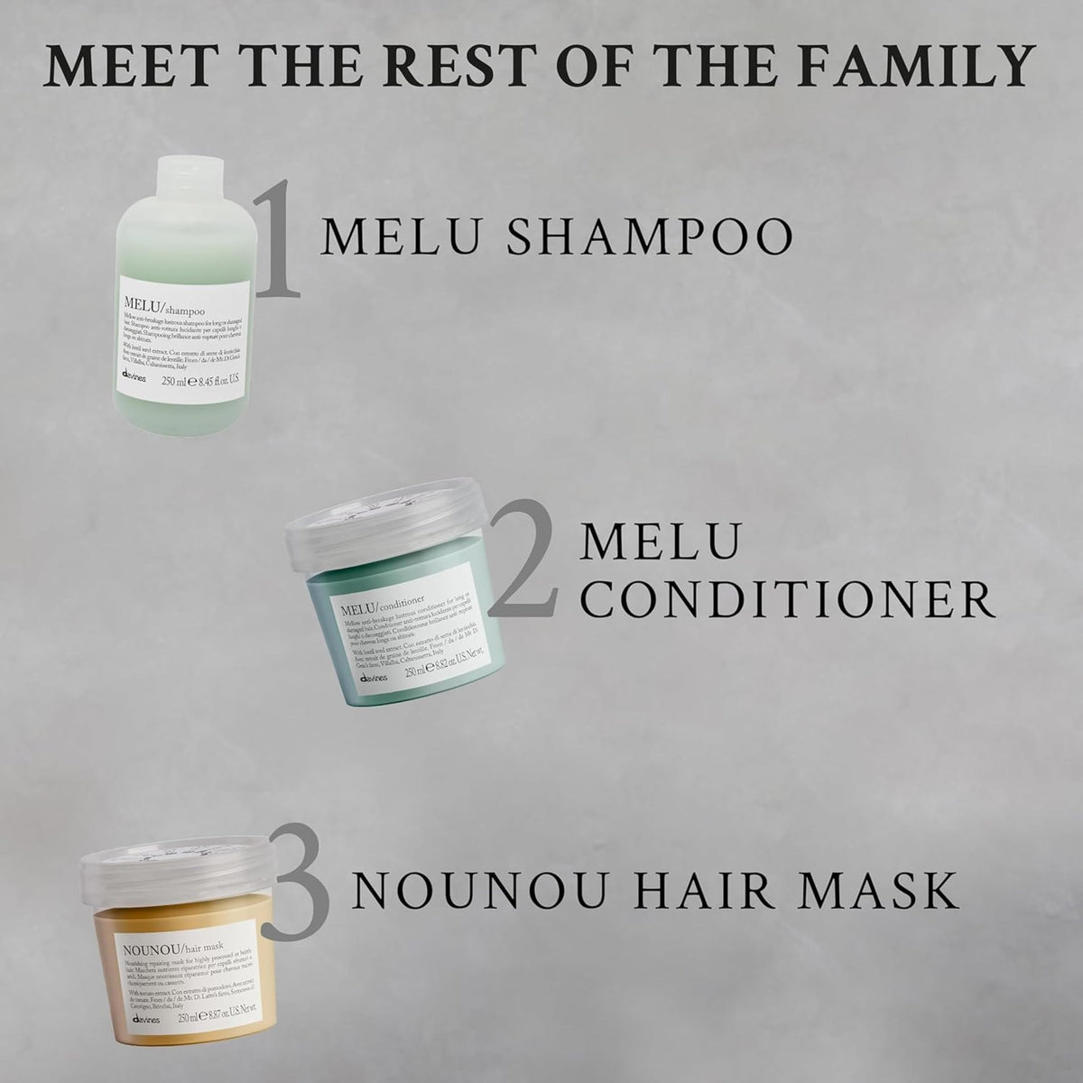 Davines MELU bottle beside matching conditioner suggesting a strengthening routine