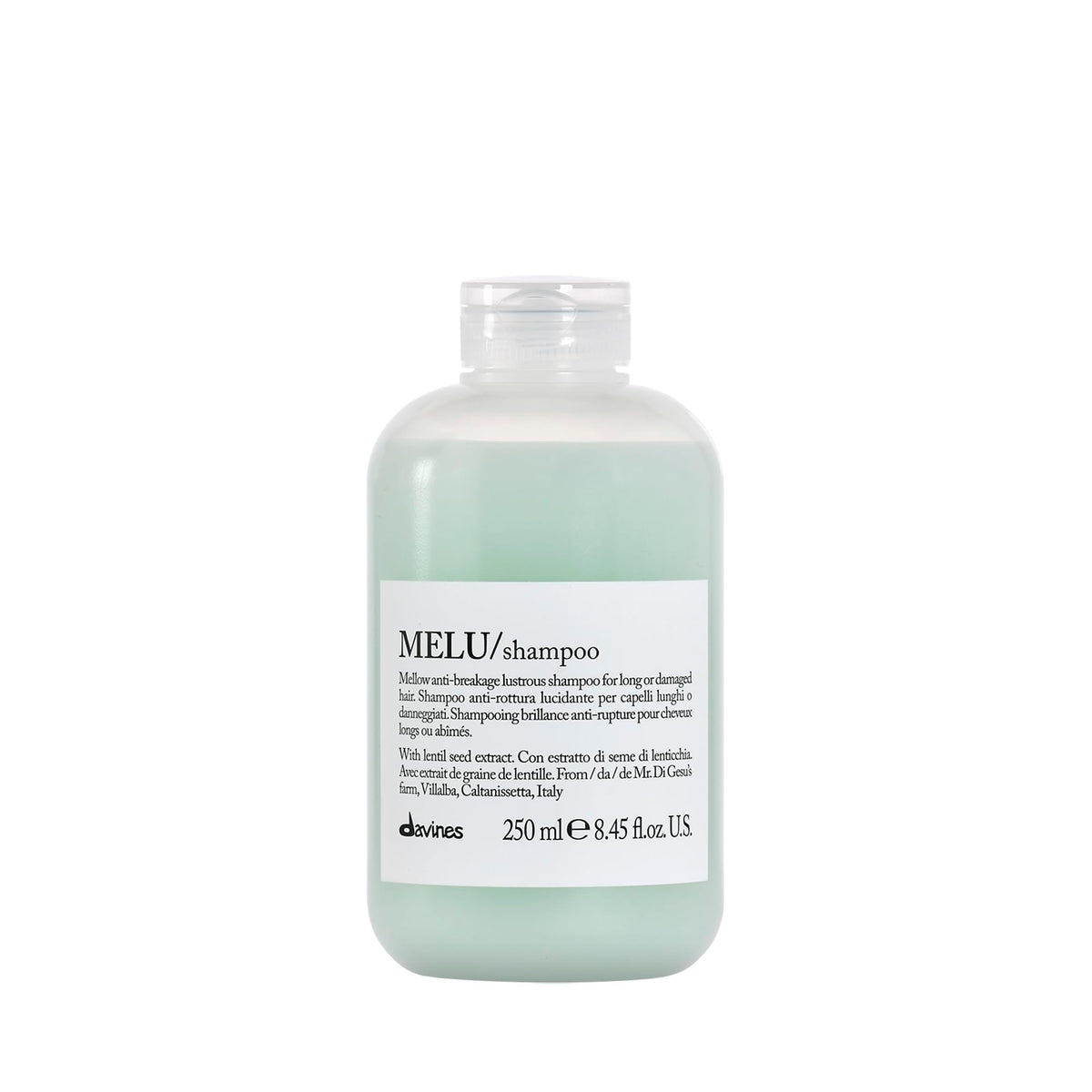 Davines MELU shampoo front bottle shows brand and gentle cleansing benefit
