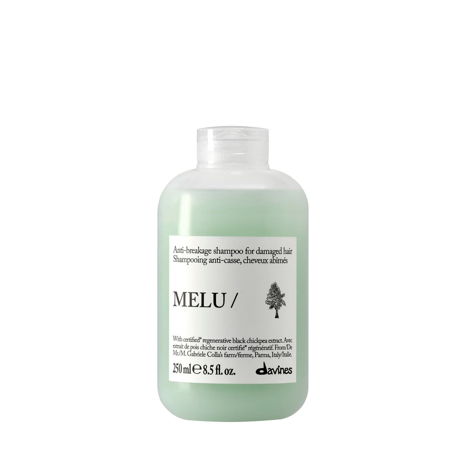 Davines MELU/ front packaging showing bottle and label benefit