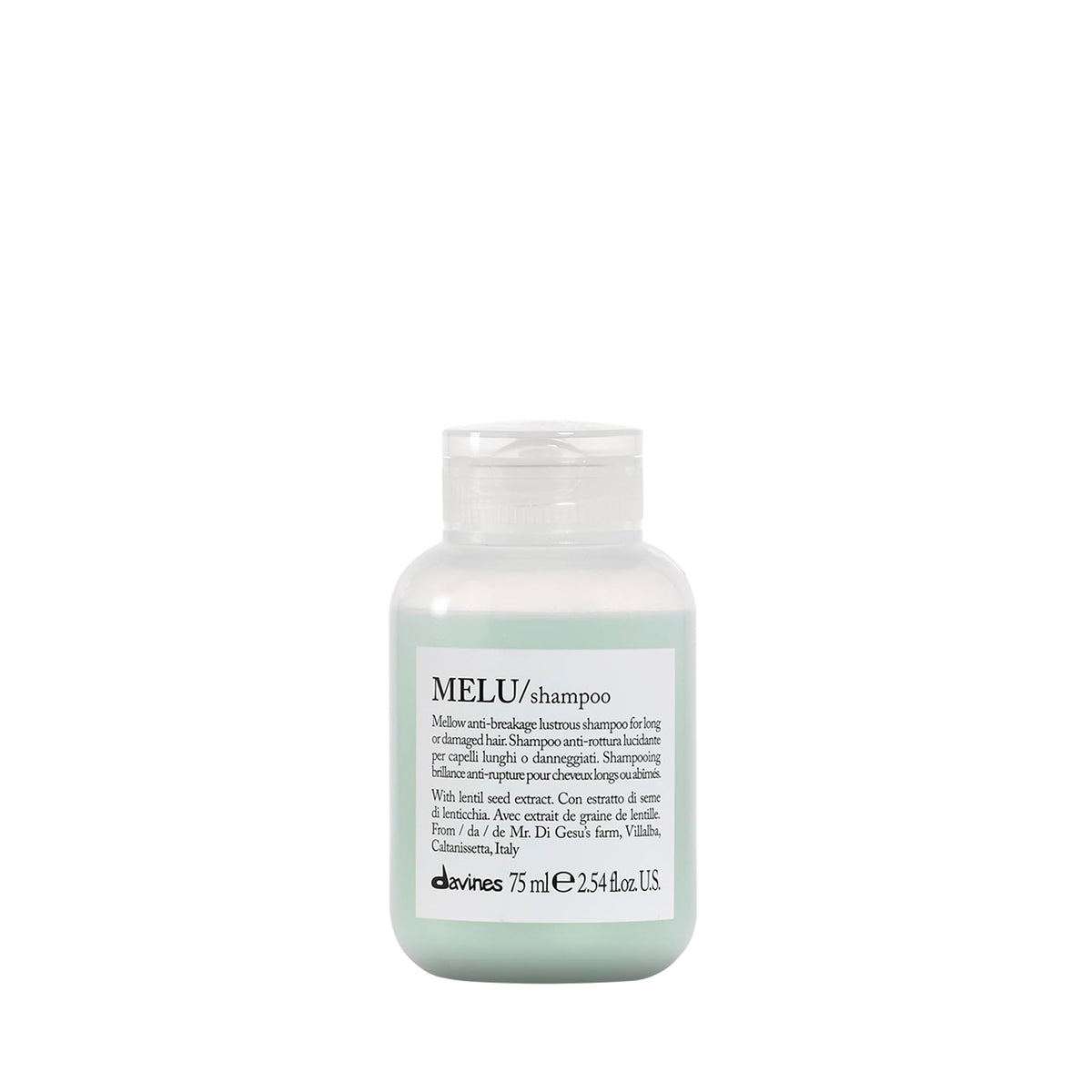 Davines MELU shampoo front packaging showing compact travel bottle and product benefit