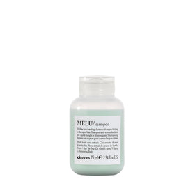 Davines MELU shampoo front packaging showing compact travel bottle and product benefit