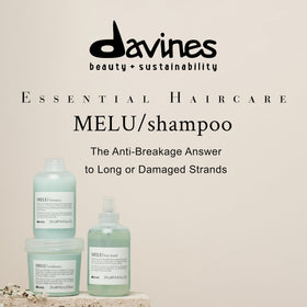 Davines MELU shampoo pump close-up highlighting easy dispensing benefit