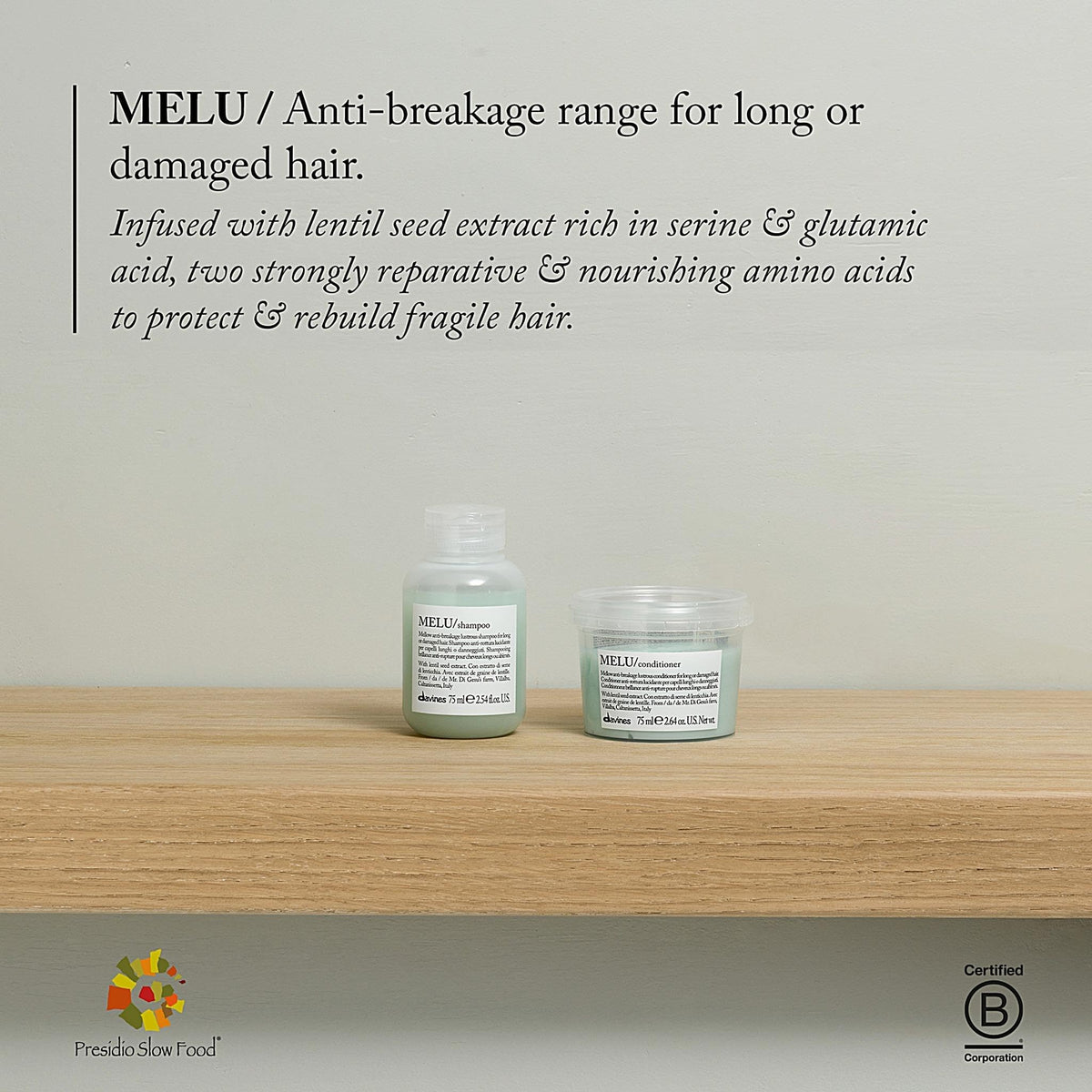 Davines MELU travel size bottle held in hand showing portable convenience