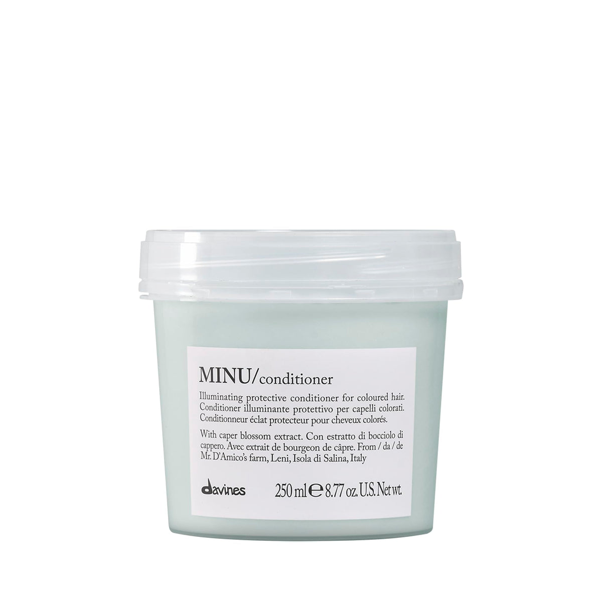 Davines MINU conditioner front packaging shows bottle and brand, highlighting color-care benefits