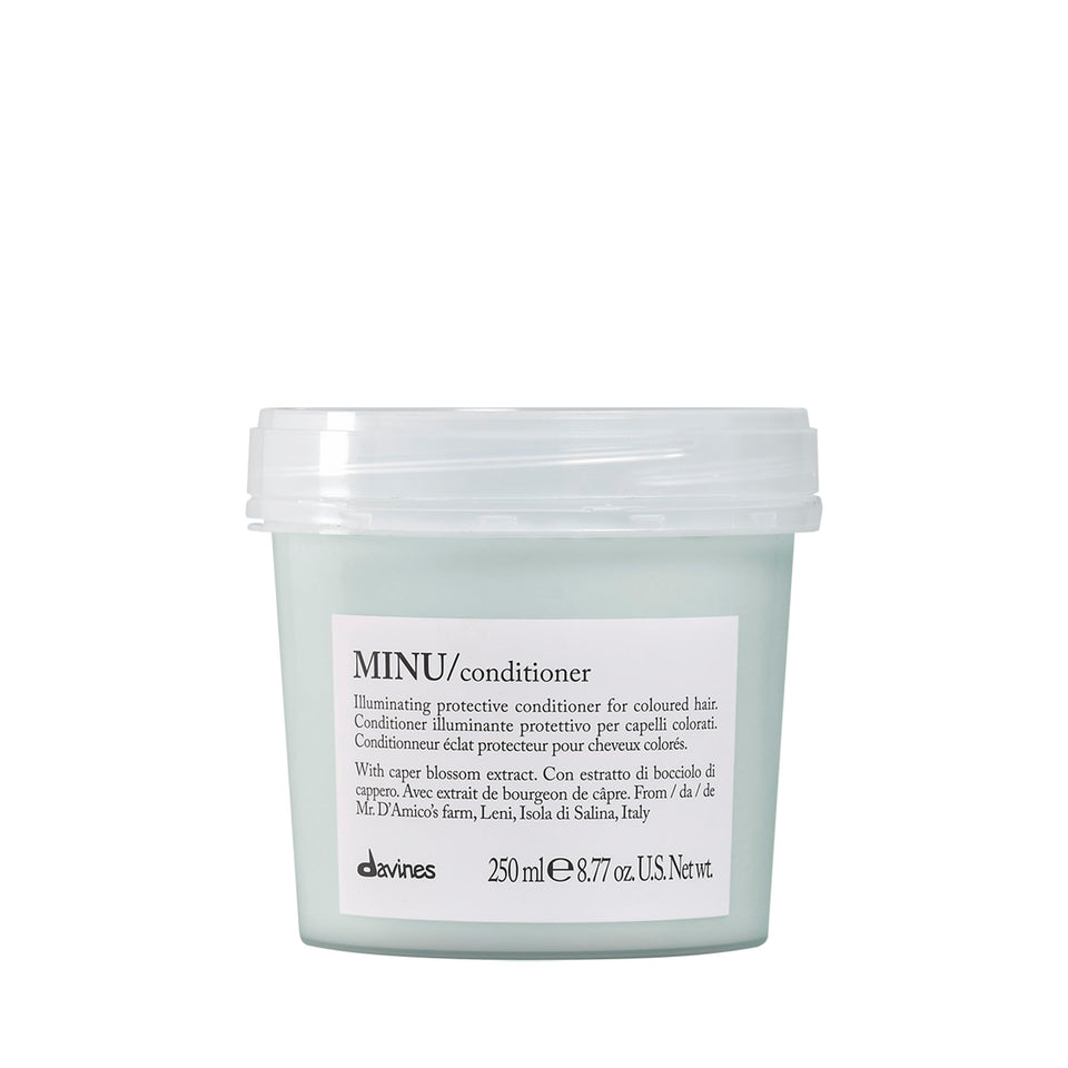 Davines MINU conditioner front packaging shows bottle and brand, highlighting color-care benefits