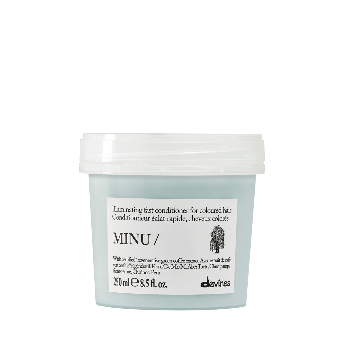 Davines MINU front packaging shows 8.5 oz bottle and color protection