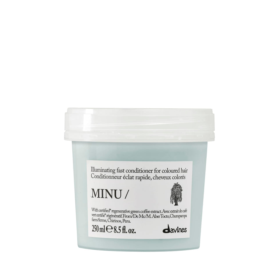 Davines MINU front packaging shows 8.5 oz bottle and color protection
