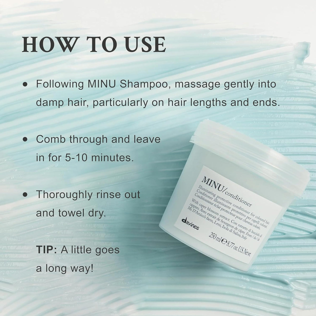 Davines MINU conditioner dispensed texture on hand, showing lightweight moisturizing feel