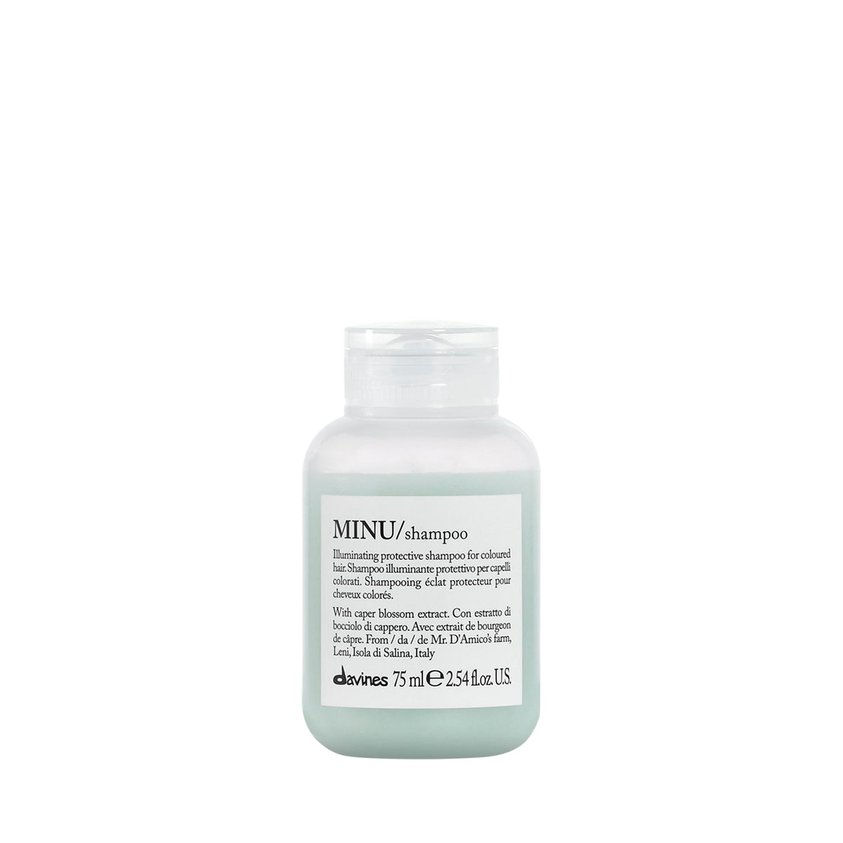 Davines MINU front bottle showing compact travel design and color protection