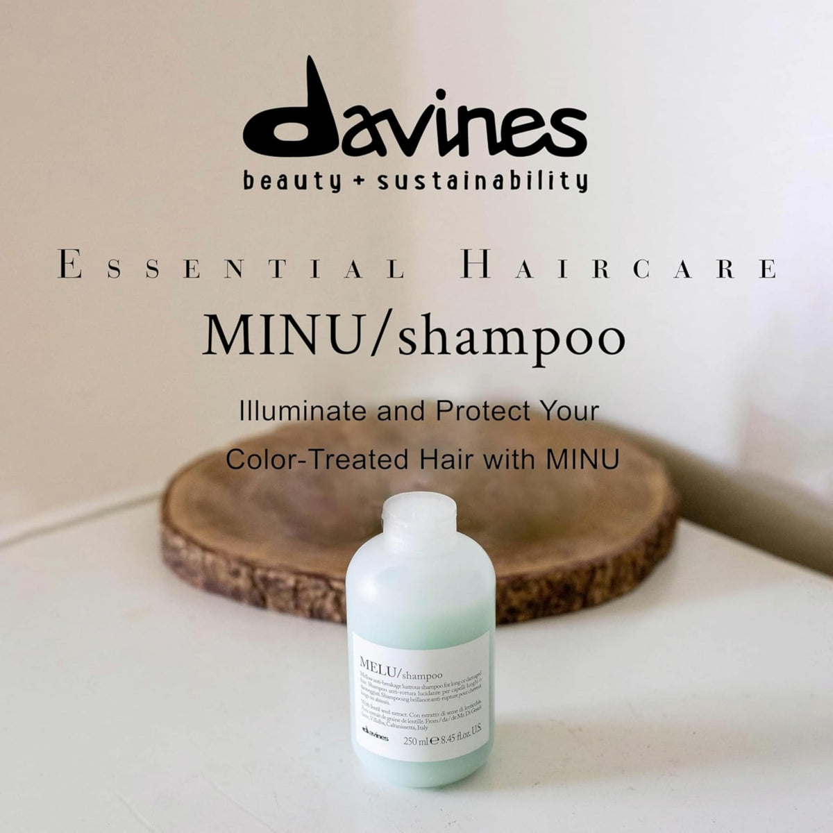 Davines MINU back label highlighting ingredients and usage guidance benefit