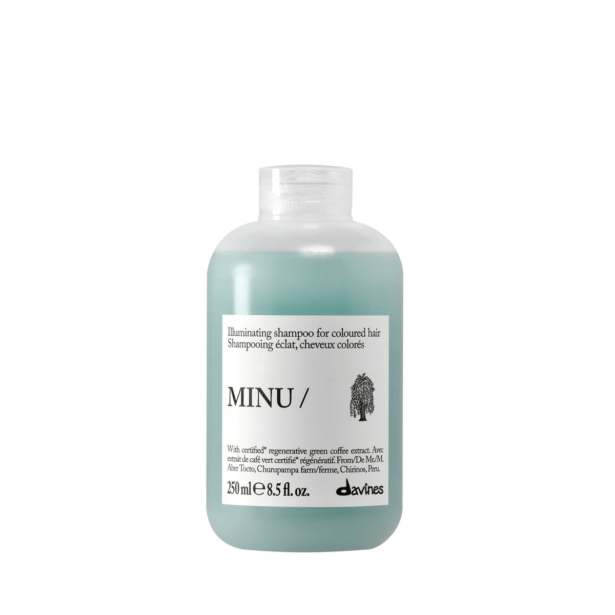 Davines MINU/ shampoo front bottle showing clean packaging and brand benefit