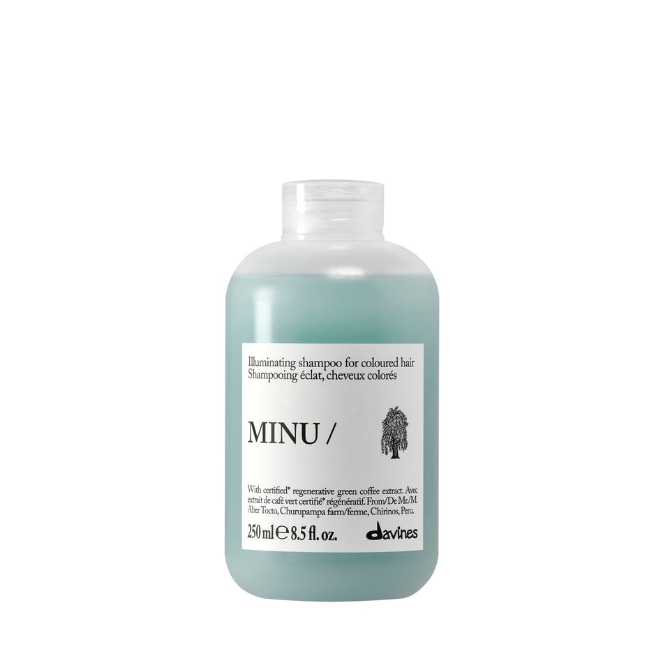 Davines MINU/ shampoo front bottle showing clean packaging and brand benefit
