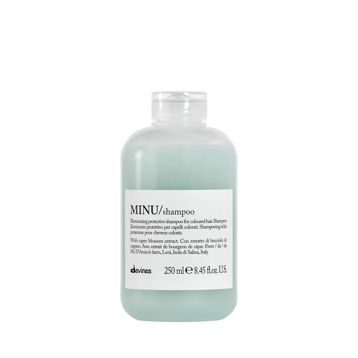 Davines MINU front bottle showing label and size with sleek design benefit